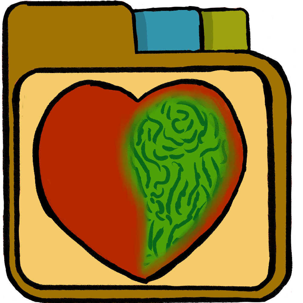 a yellow file folder with a red heart with one side as a green fingerprint pattern